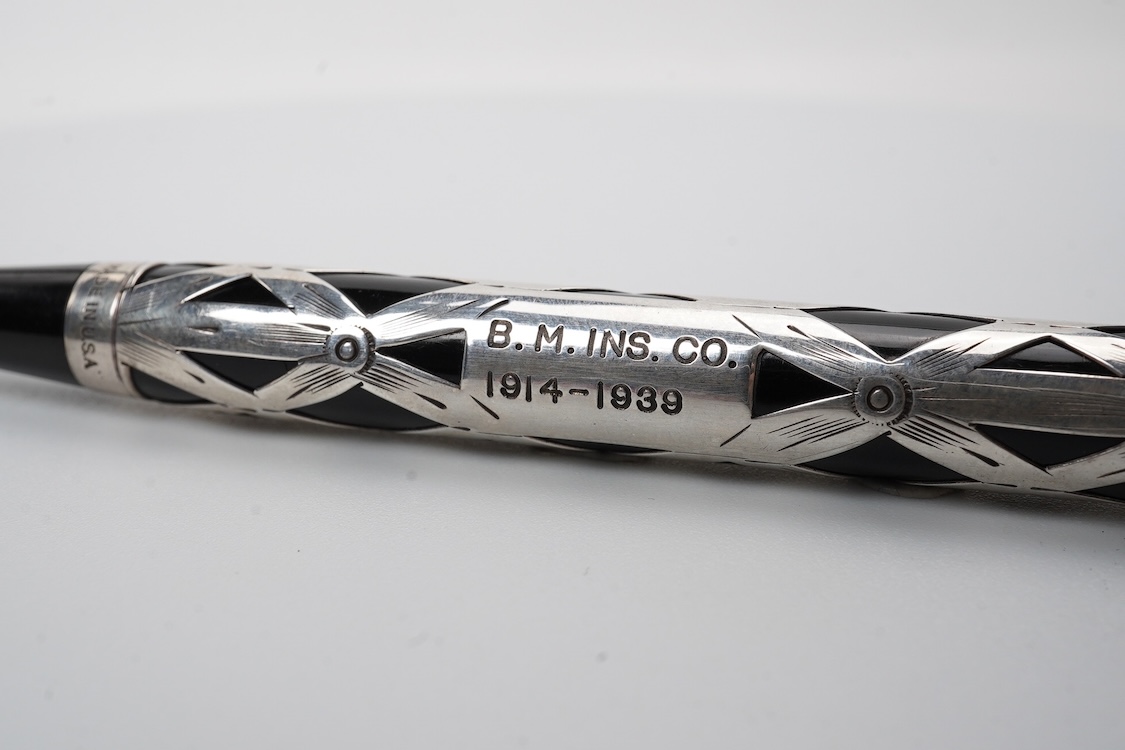 A rare Waterman Sterling silver filigree pencil with 'coffin' clip